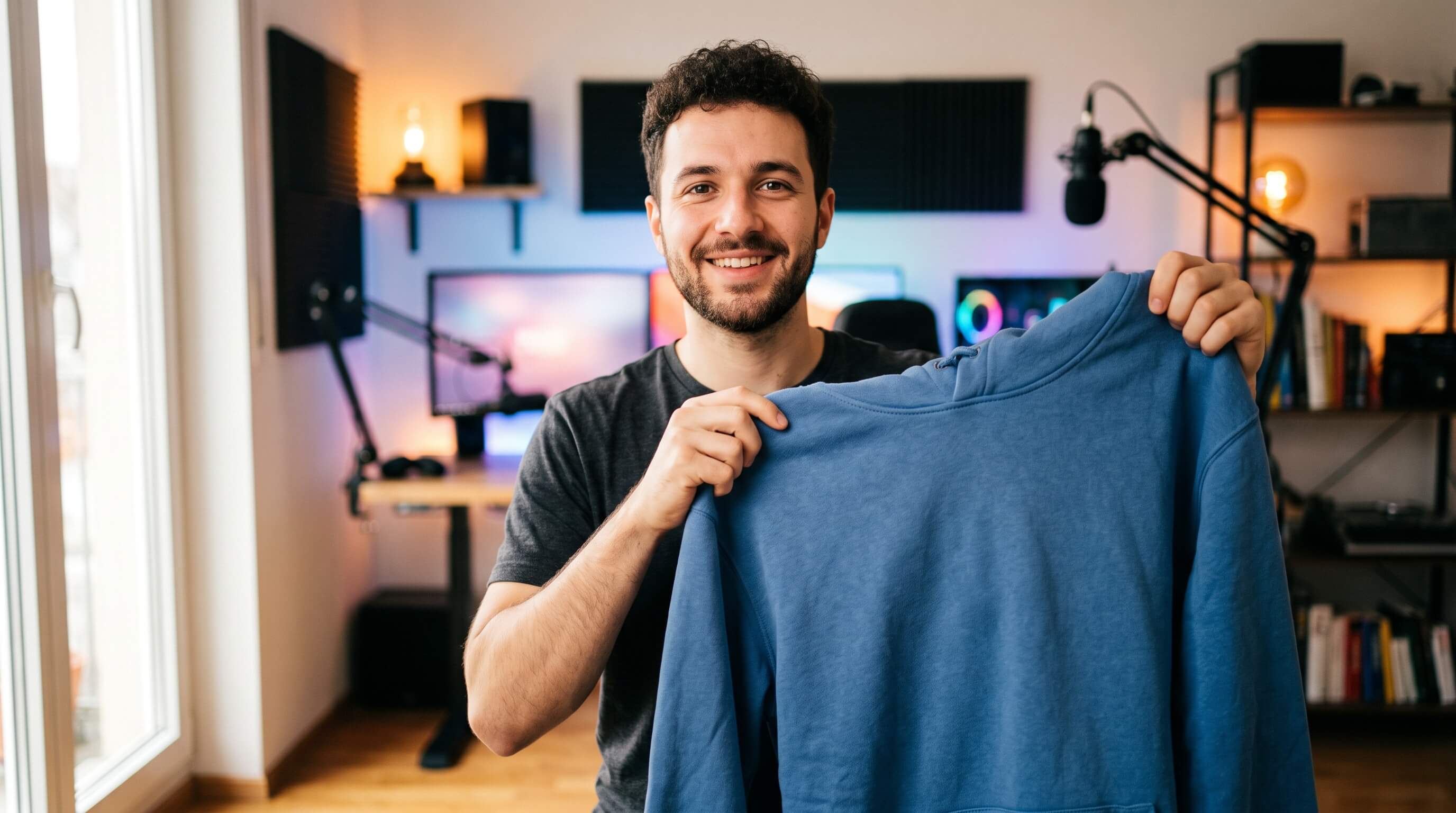 Creator smiling as he holds up a plain blue hoodie in his home studio