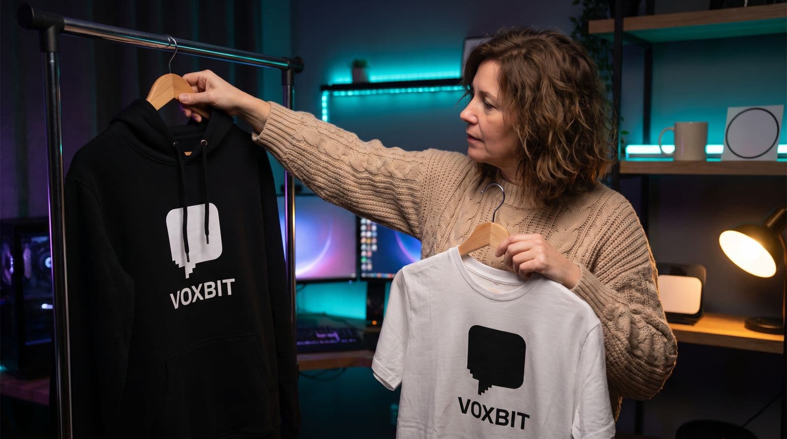 A woman in a knit sweater hangs branded VOXBIT merchandise on a wardrobe rail in a dimly lit room with purple and teal ambient lighting.