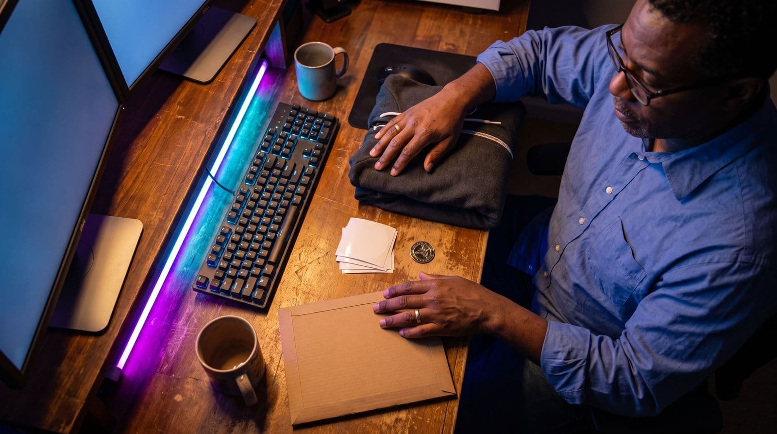 A top-down view of a streamer's desk workspace featuring a man organizing various pieces of merchandise like hoodies, stickers, and mugs under cool purple and teal ambient lighting.