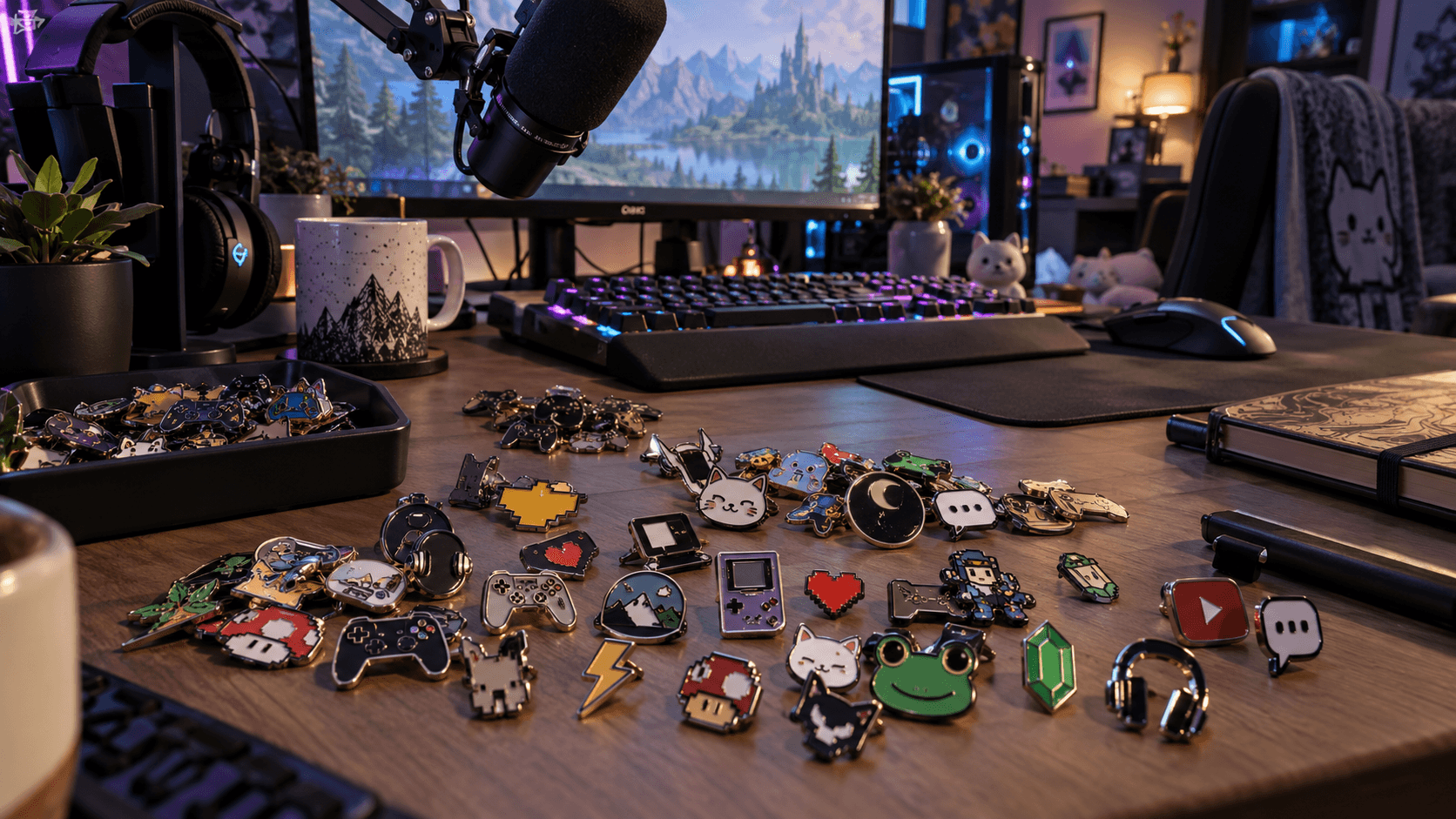Custom enamel pins in gaming and pixel-art designs displayed on a streamer's desk