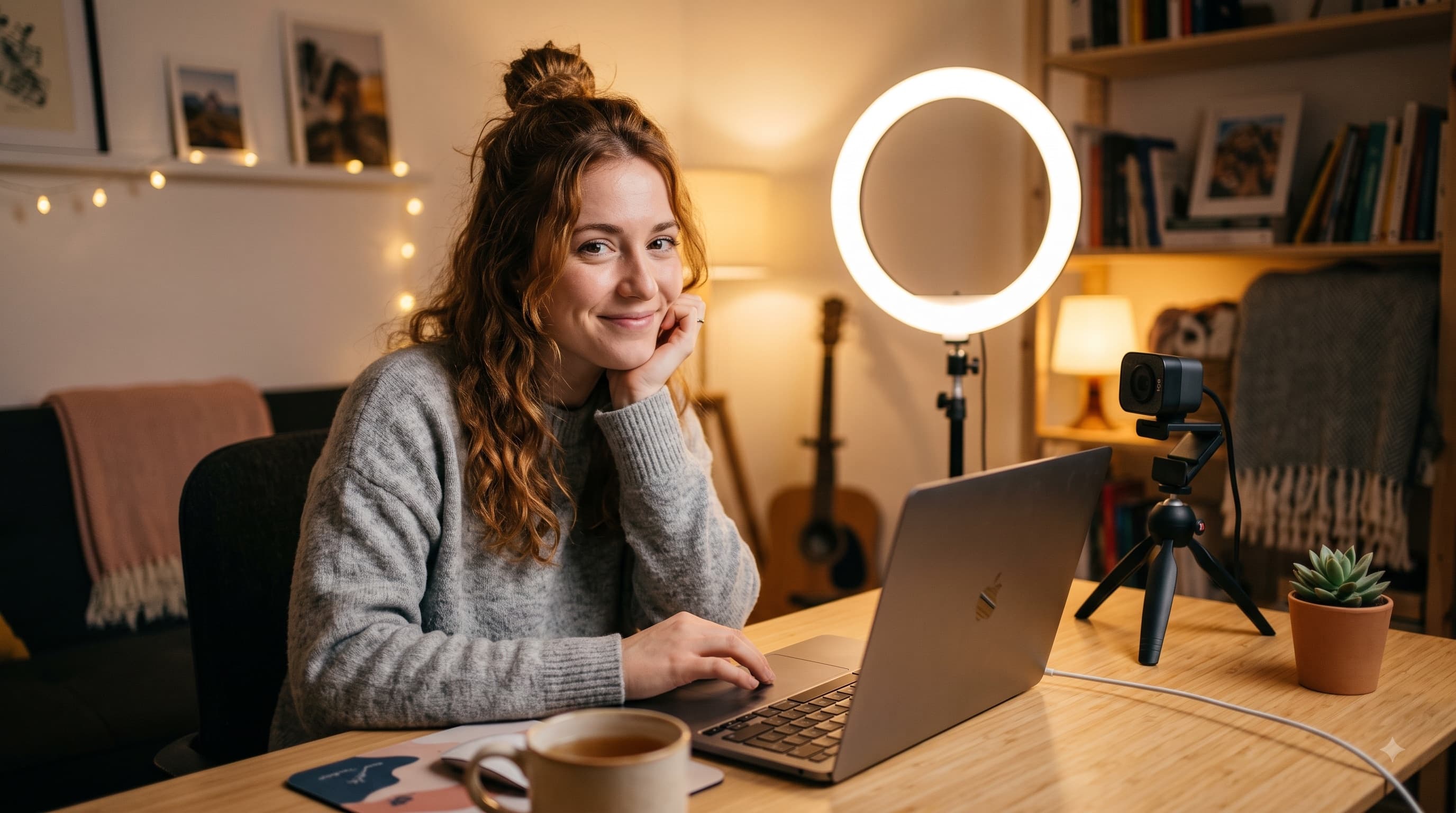 Woman working at a home desk setup with a laptop, ring light, and webcam.