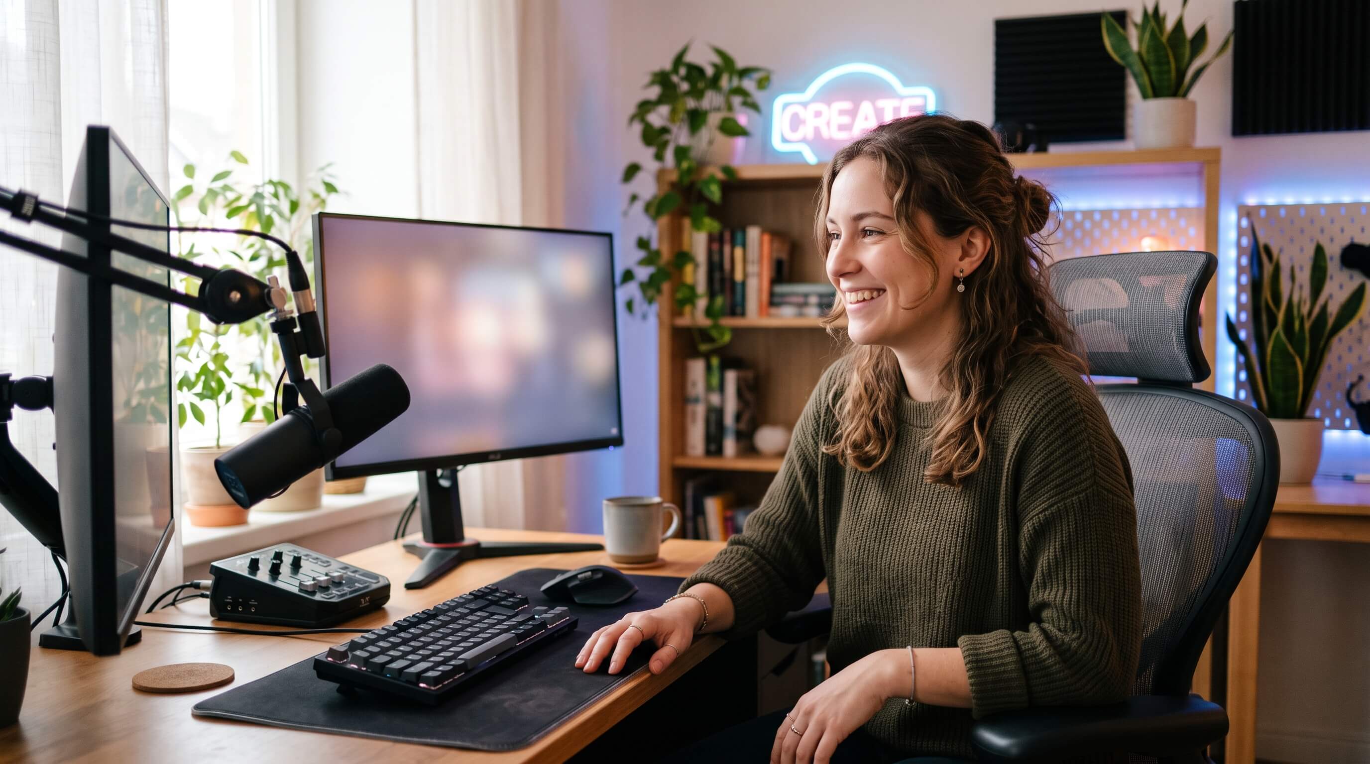 Creator smiling at her home studio desk with a broadcast mic, monitor, mechanical keyboard and audio mixer