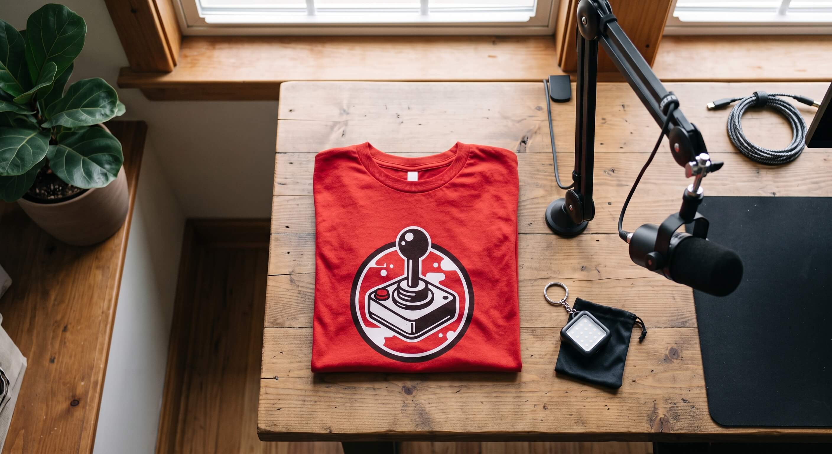 Folded red streamer t-shirt with a joystick logo on a wooden desk beside a mic arm and keyring light
