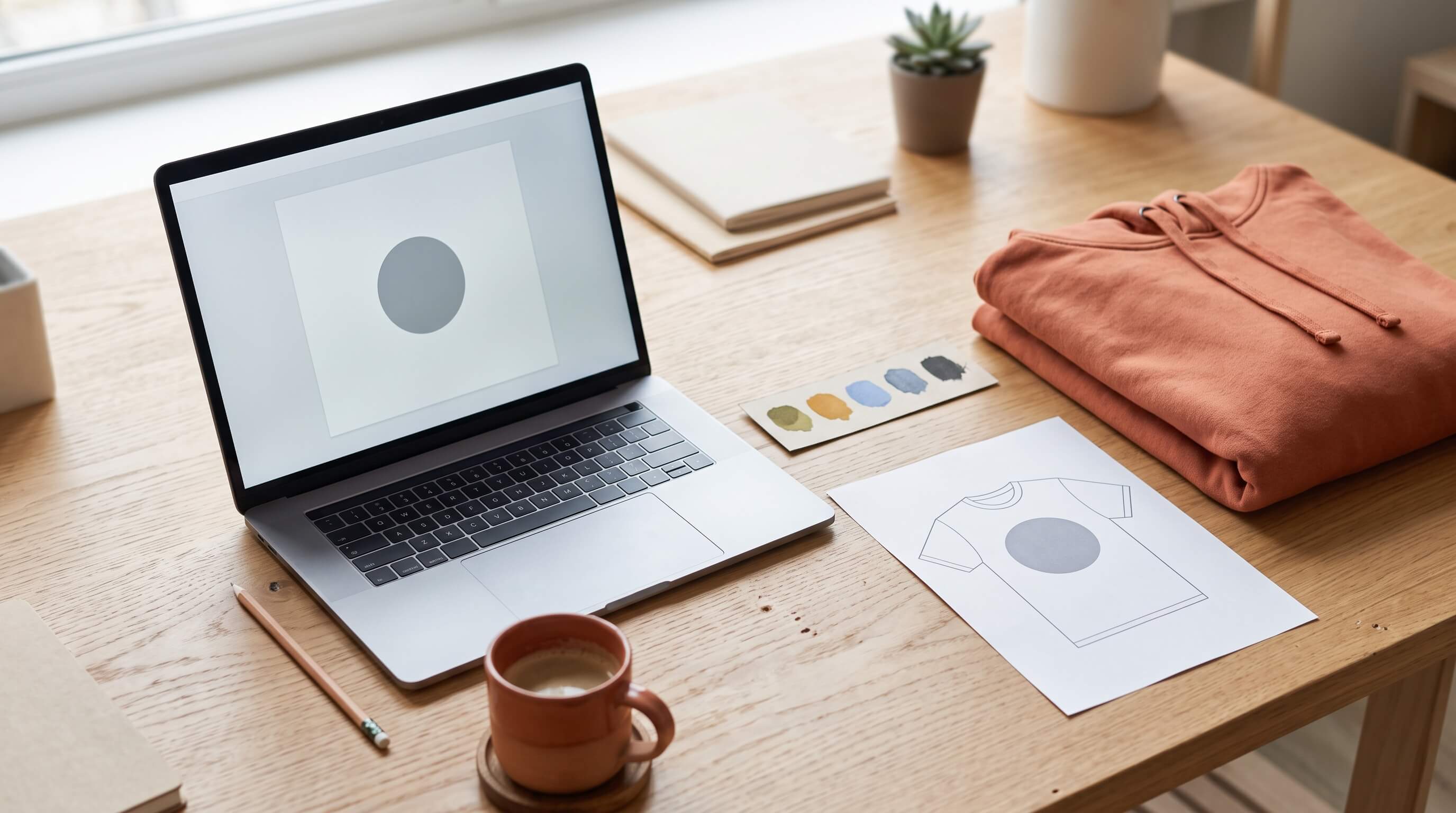Merch design in progress: a laptop design canvas, printed t-shirt mockup, ink swatches and a sample hoodie