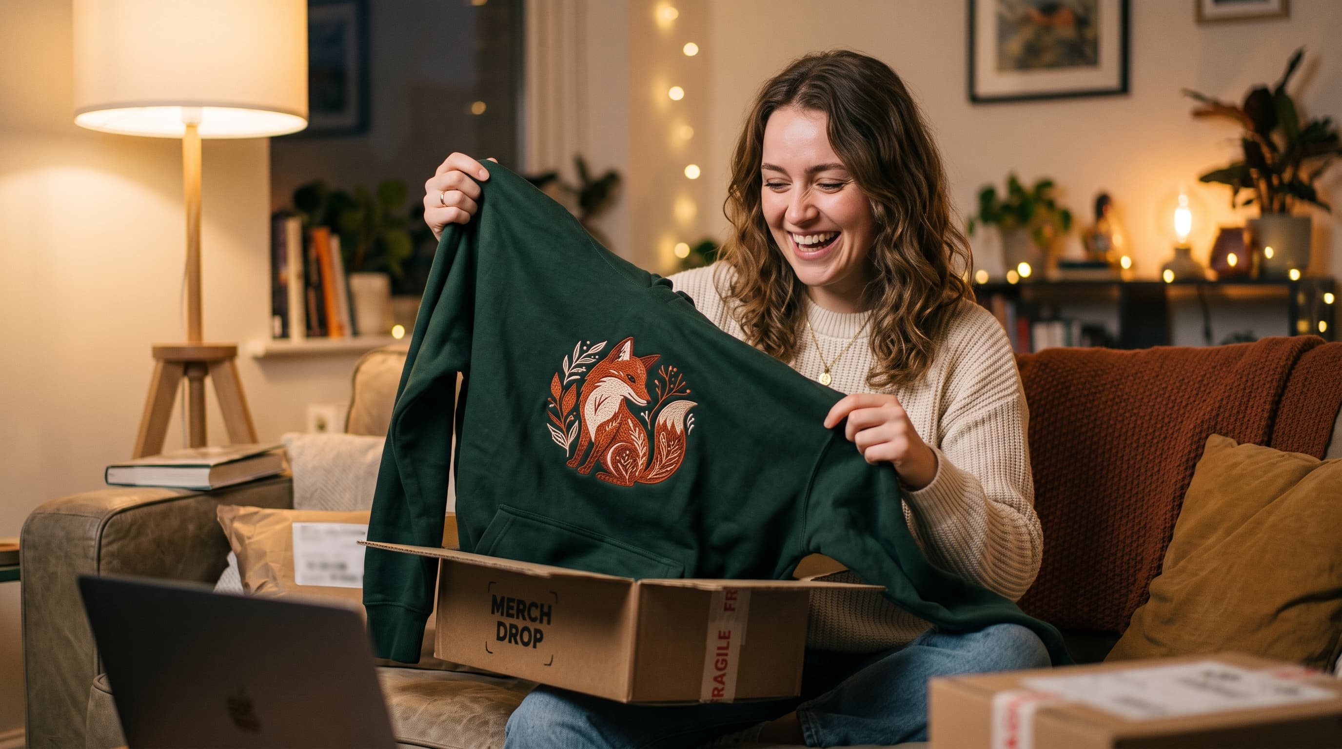A laughing woman unboxing a green embroidered fox sweatshirt from a cardboard box labeled 'Merch drop,' seated on a couch in a warmly lit living room.