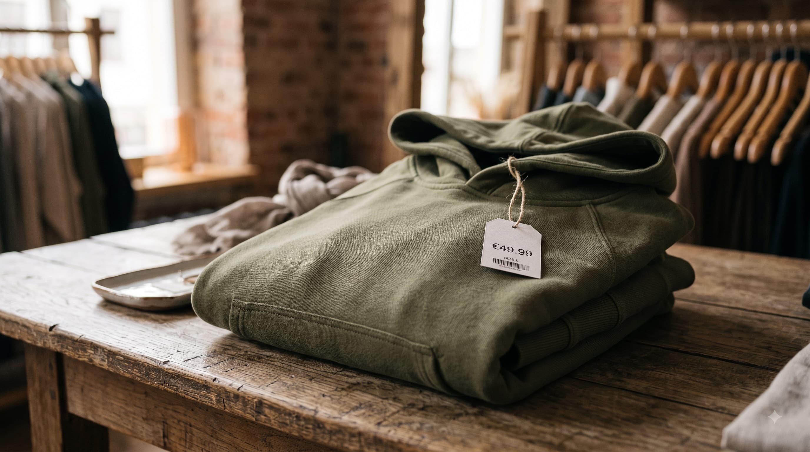 Folded olive hoodie with a price tag on display in a clothing boutique