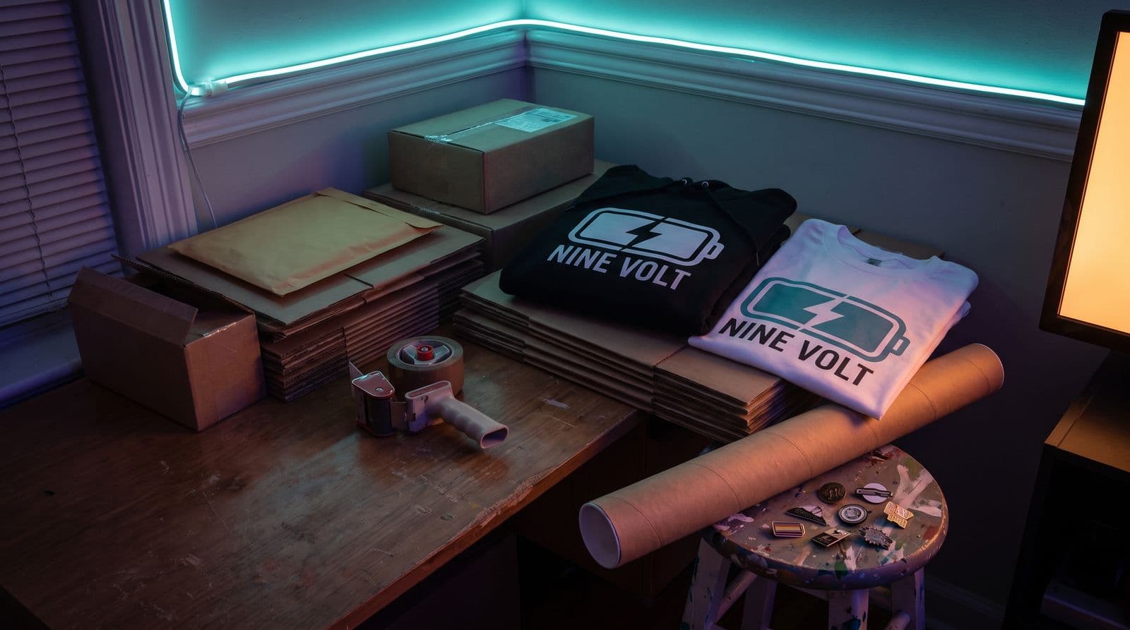 A dimly lit, cramped corner of a room used for packing merch, featuring a stack of cardboard mailers and folded garments branded with the NINE VOLT logo.