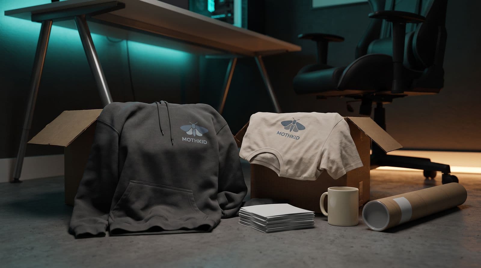 A close-up view of a creator's floor cluttered with shipping boxes, hoodies, and merchandise, featuring the MOTHKID brand logo on the clothing.