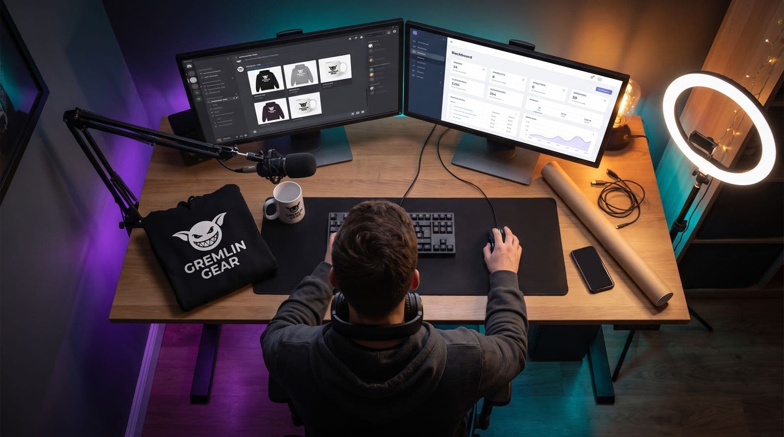 A streamer sits at a dual-monitor desk in a dimly lit room, configuring a shop interface on their computer next to a branded Gremlin Gear hoodie and mug.