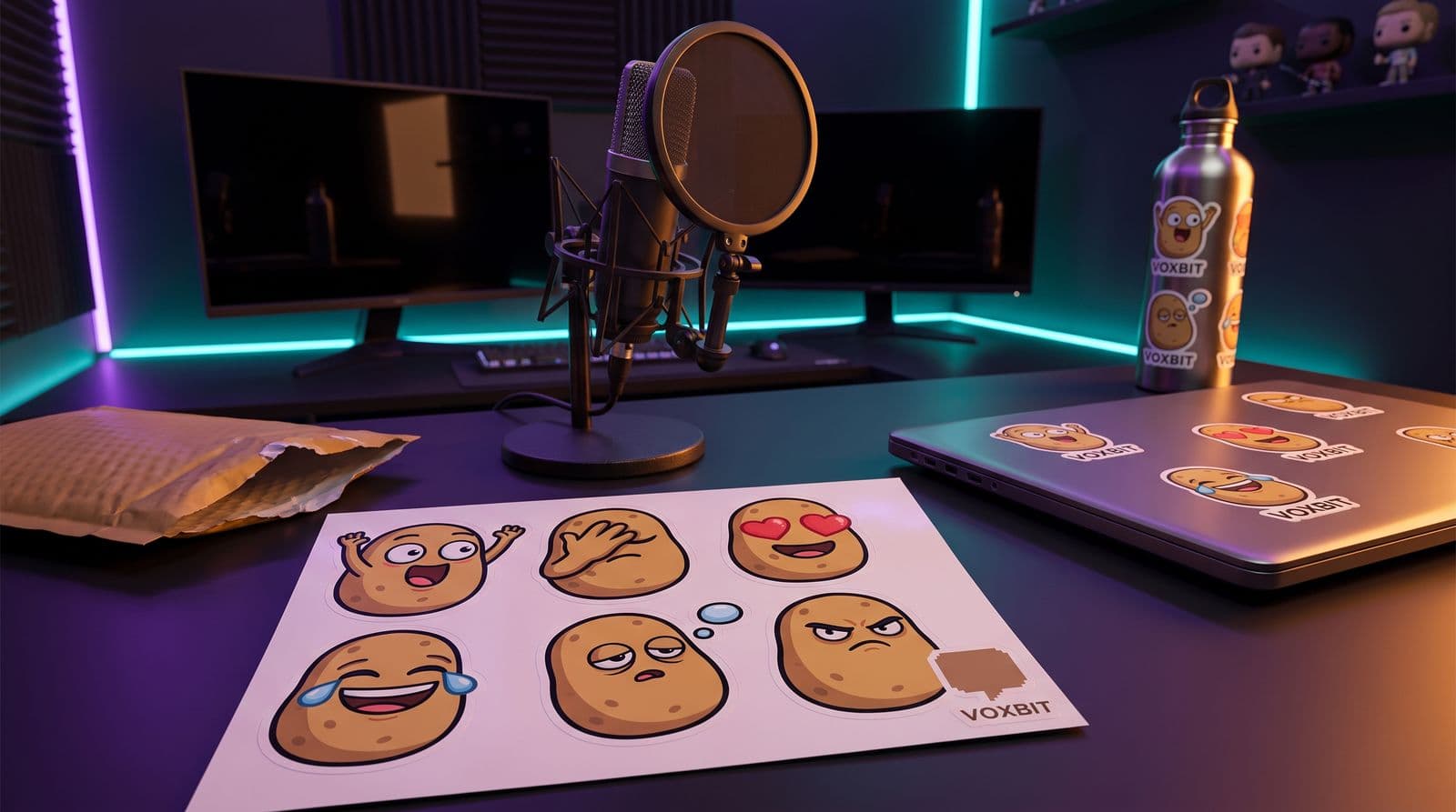 A kiss-cut sticker sheet of six cartoon potato emote faces lying on a streaming desk in front of a condenser mic, the invented channel name VOXBIT in one corner, matching stickers on a laptop lid and a steel water bottle, a torn-open padded mailer, purple and teal LED light.