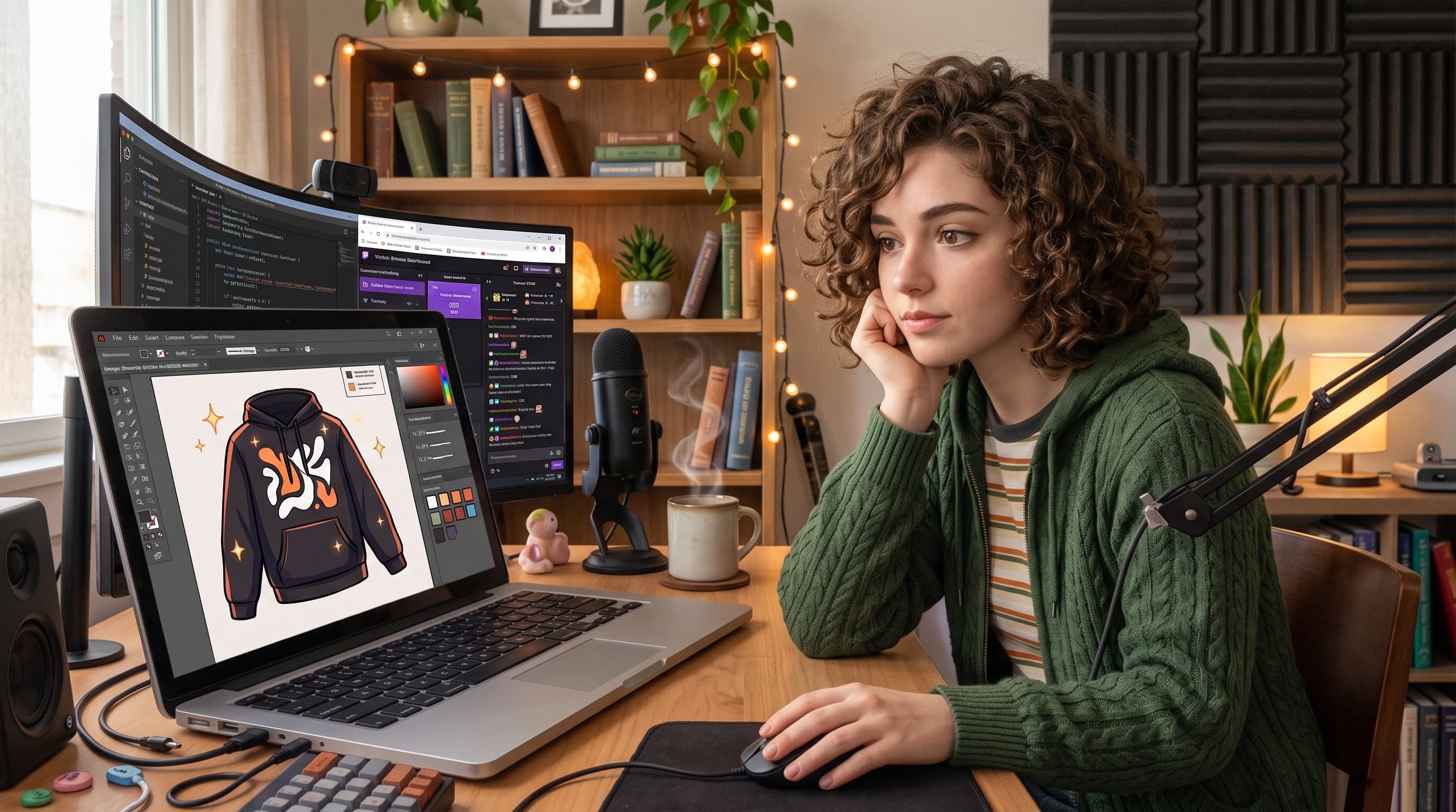 Woman at a multi-monitor desk setup editing a hoodie graphic design on a laptop