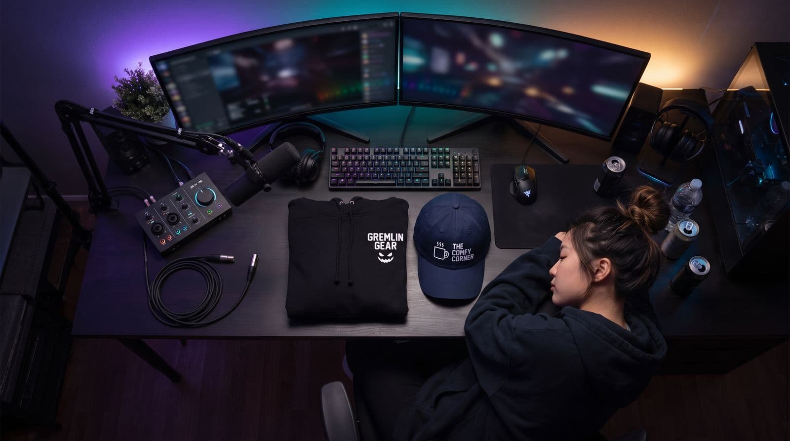 An overhead flat lay shot shows a streamer's desk at night with a hoodie labeled 'GREMLIN GEAR' and a cap labeled 'THE COMFY CORNER' laid out in front of a woman.