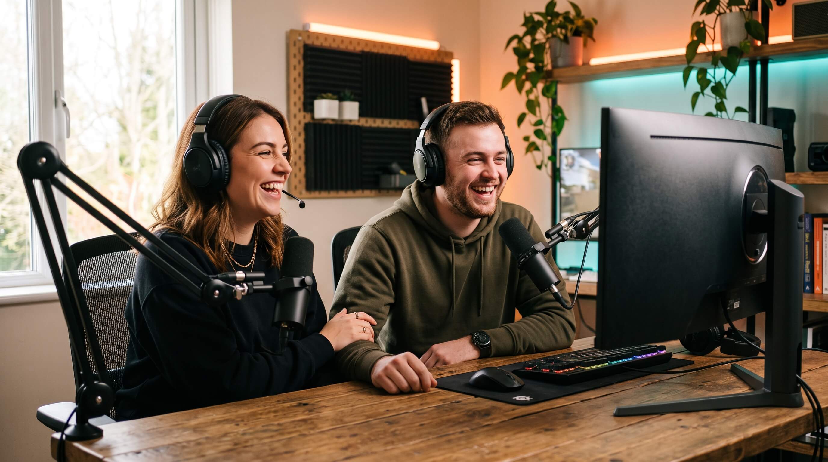 Two creators in headsets laughing at a shared desk with boom mics and a monitor, recording together