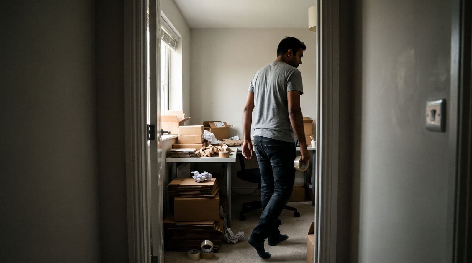 A man walks out of a home office filled with packing boxes and shipping supplies after finishing a project.