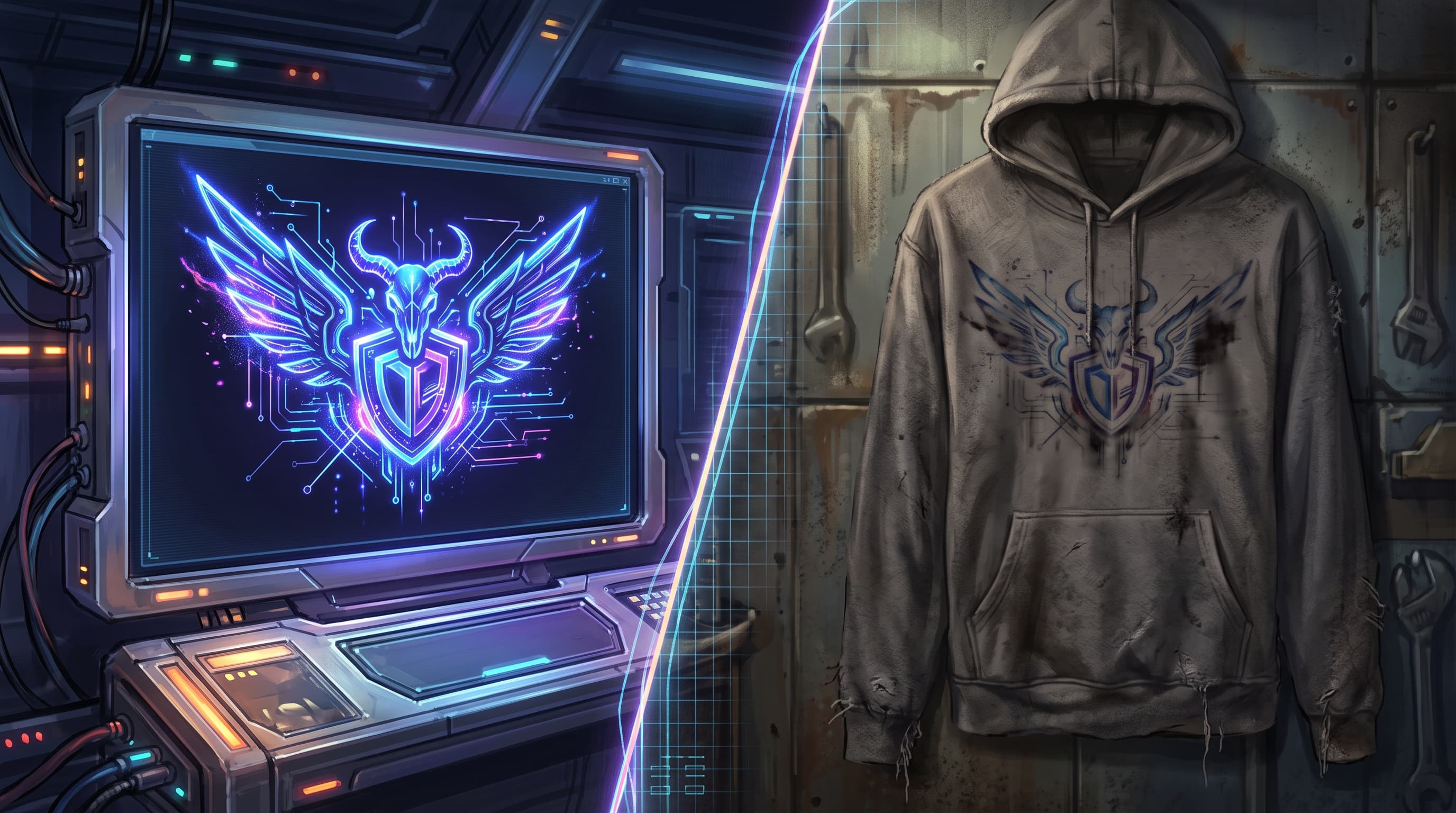 A split image comparing a glowing neon version of a streamer logo displayed on a futuristic screen against the same logo printed on a worn, faded gray hoodie.