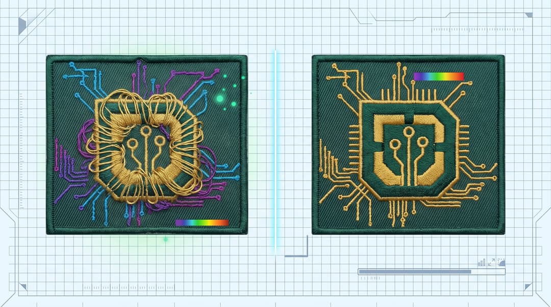 A comparison of two embroidered patch versions of a streamer logo on dark green fabric, the left showing a messy, tangled thread rendering and the right showing a clean, properly digitized version