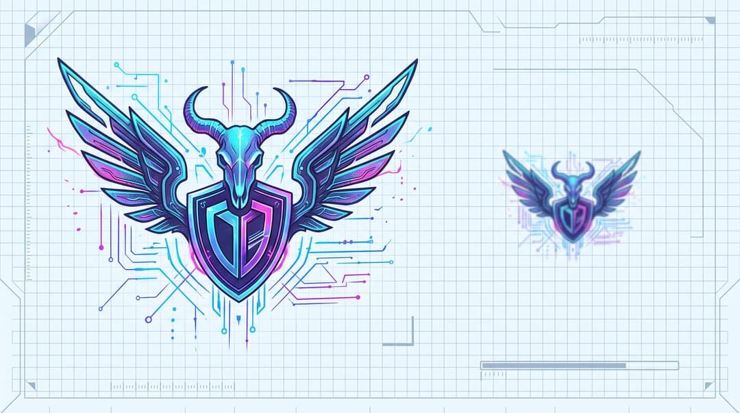 A blueprint-style diagram showing a winged skull-and-shield streamer logo at full clarity on the left and a small, blurred version on the right, testing legibility at reduced sizes