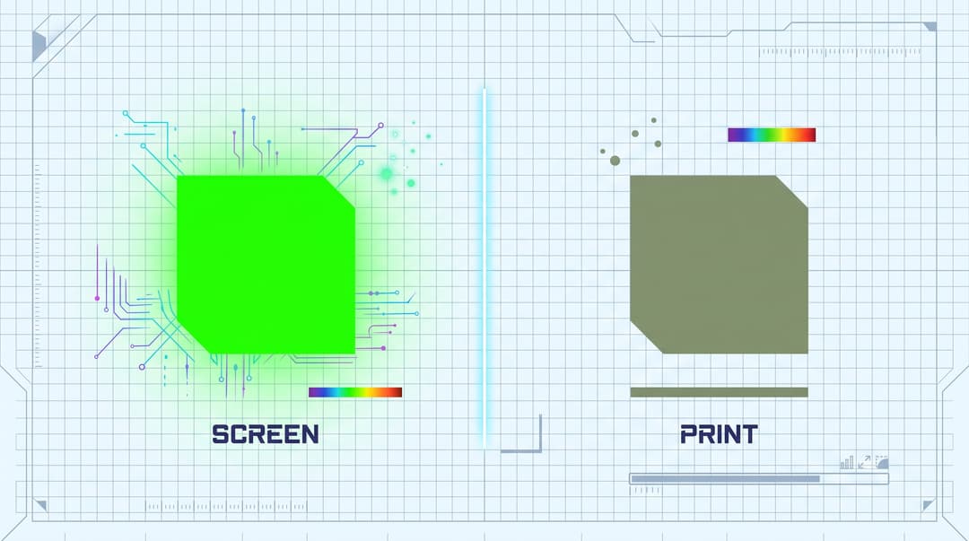 A blueprint-style diagram comparing a logo shape in bright green under a 'Screen' label against a duller olive tone under a 'Print' label, illustrating color shift between digital and printed versions.