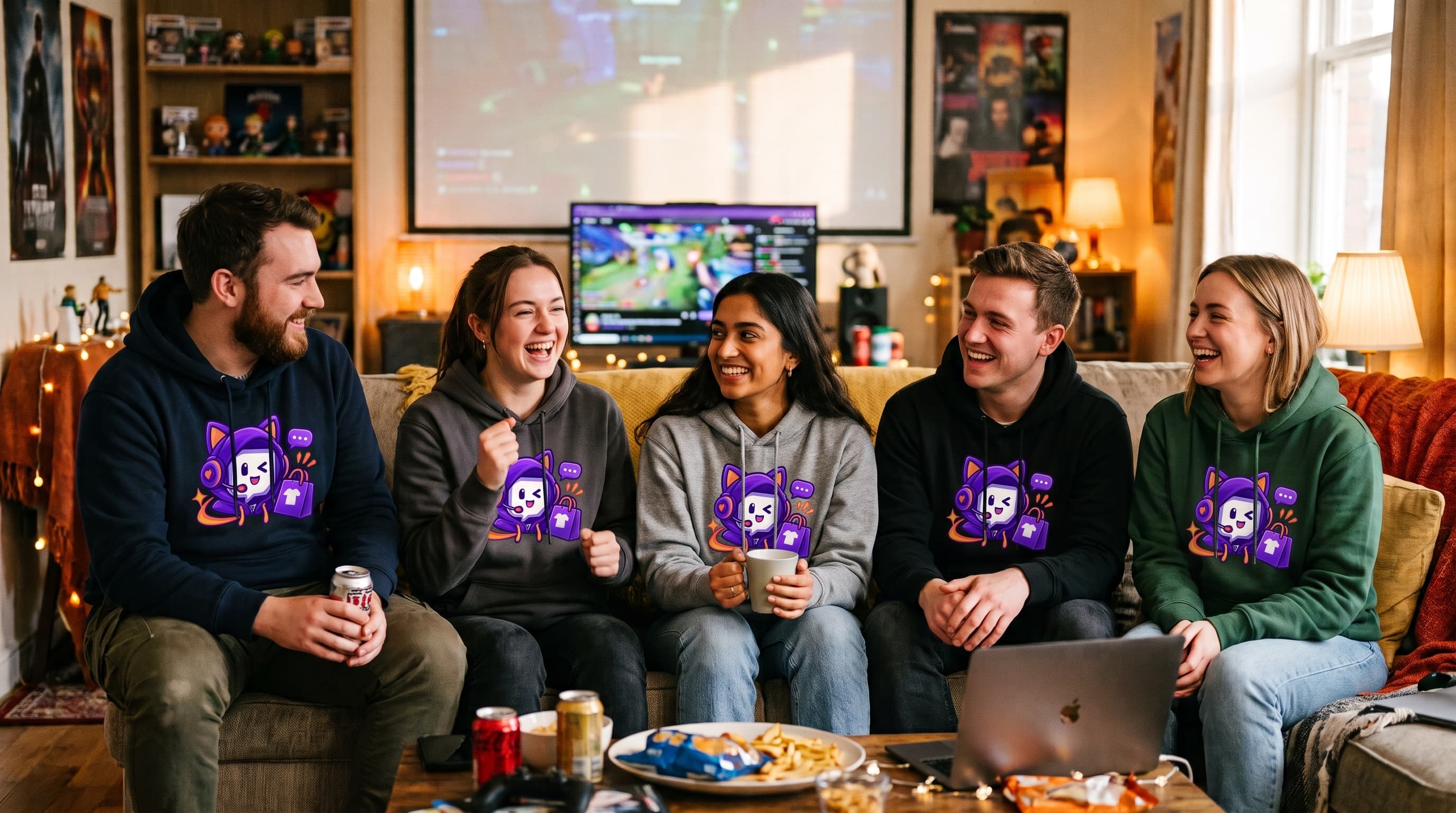 Five friends on a sofa in matching hoodies printed with a purple cat mascot, with a game stream on the screens behind them