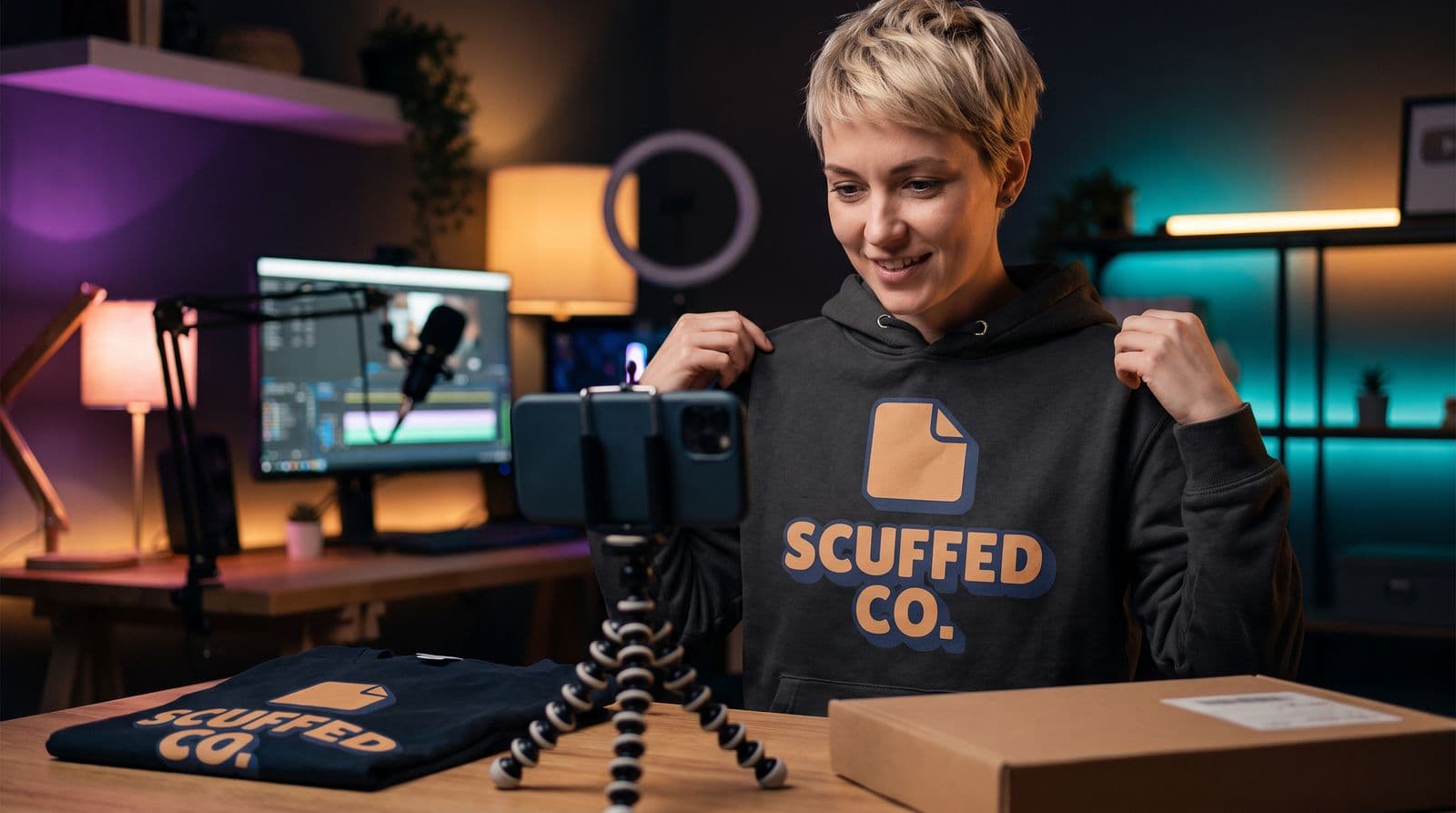 A streamer with a short blonde pixie cut films a video of herself wearing a hoodie branded with the SCUFFED CO. logo in her dimly lit home studio.