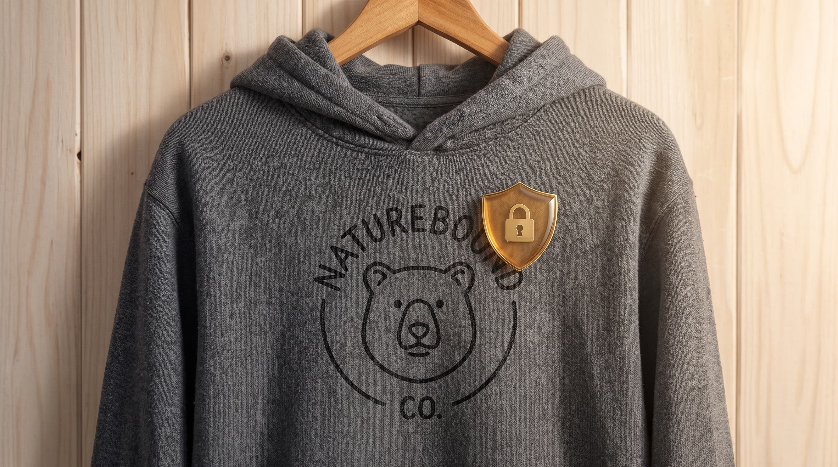 A gray hoodie on a wooden hanger printed with a 'Naturebound Co.' bear logo design, overlaid with a gold shield and padlock icon symbolizing design protection