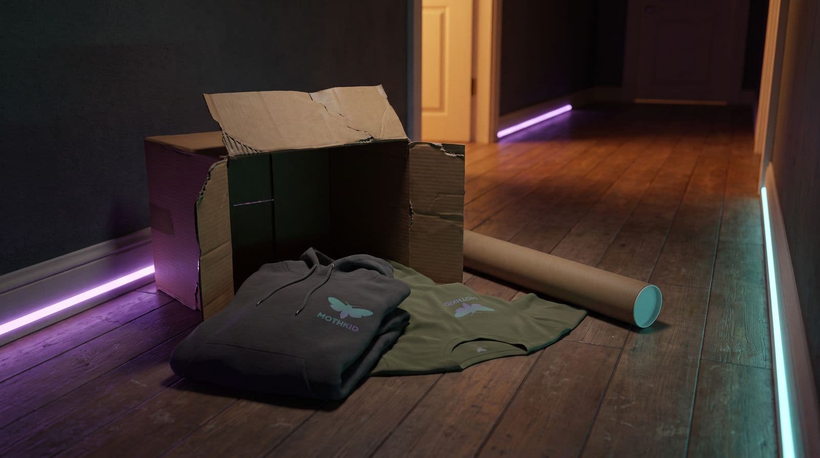 A shipment of MOTHKID branded hoodies and t-shirts sits partially unpacked in a cardboard mailer on a dark hallway floor, illuminated by purple and amber accent lighting.