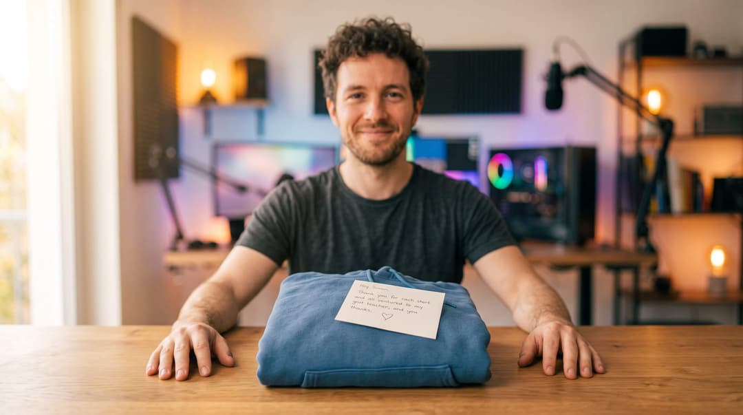 Creator seated at a desk with a folded blue hoodie and a handwritten thank-you note in front of him, home studio behind