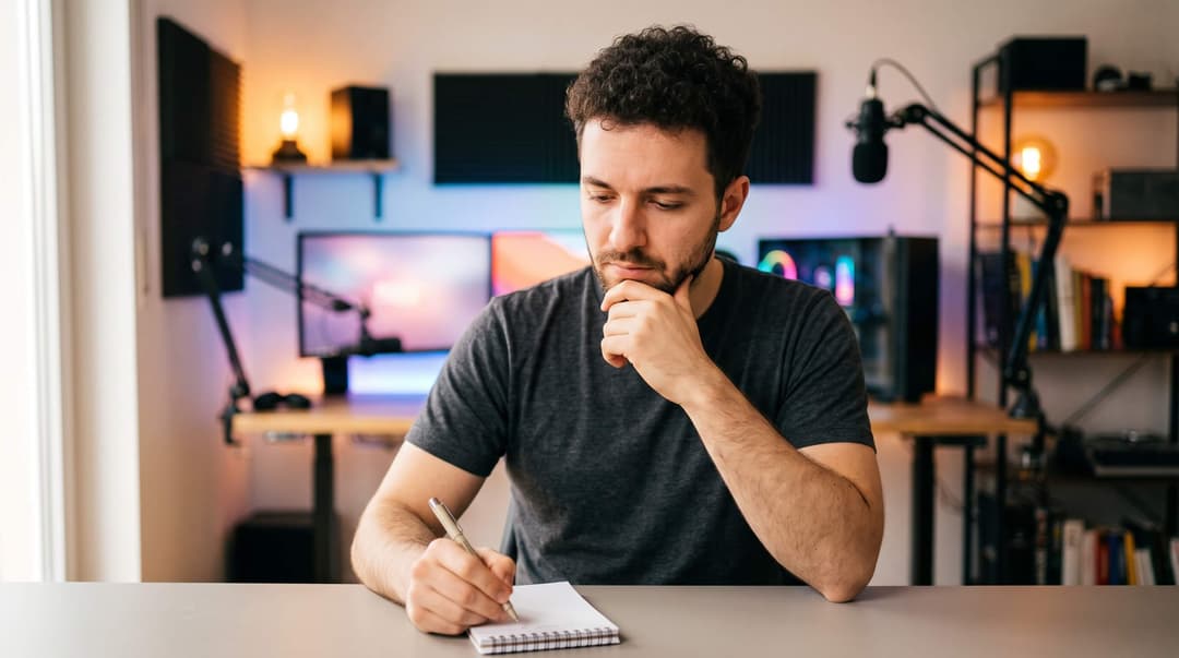 Creator sitting at a desk with a pen and notepad, hand to chin, thinking, in a home studio with a boom mic
