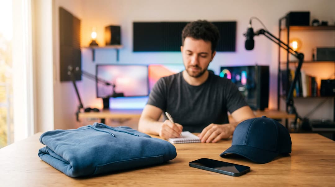 Creator writing in a notebook at a desk with a folded blue hoodie, cap and phone laid out in front of him