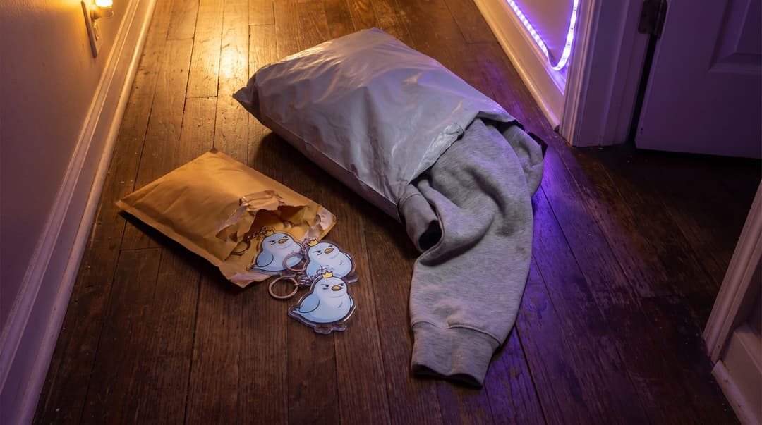 A small padded envelope on a hallway floor with three acrylic bird keychains spilling out, next to a bulky grey mailer with a grey hoodie half pulled out of it.