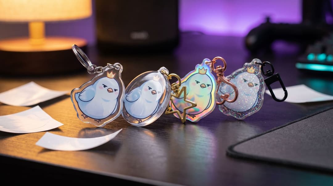 Four acrylic charms of the same cartoon bird in a row under a desk lamp: plain clear, domed epoxy, holographic and glitter, on a silver ring, a gold star clasp, a rose-gold clasp and a black lobster clasp.