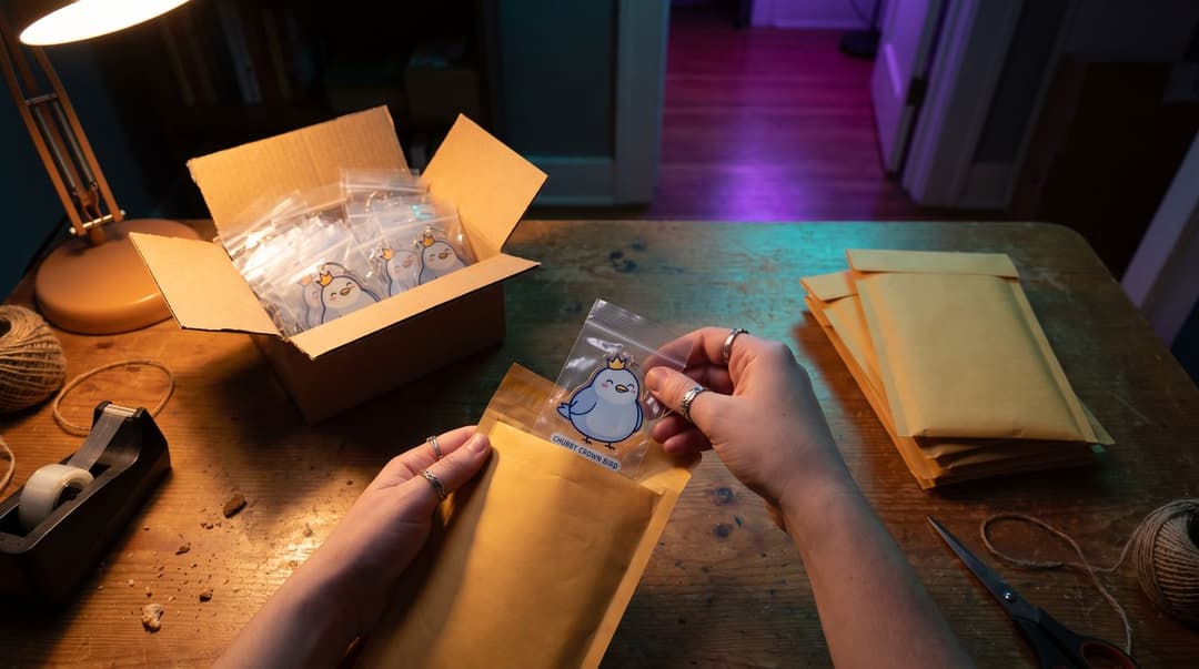 Hands slipping a bagged acrylic bird keychain into a padded envelope at a packing table, with an open carton of bagged keychains and a stack of sealed envelopes beside it.