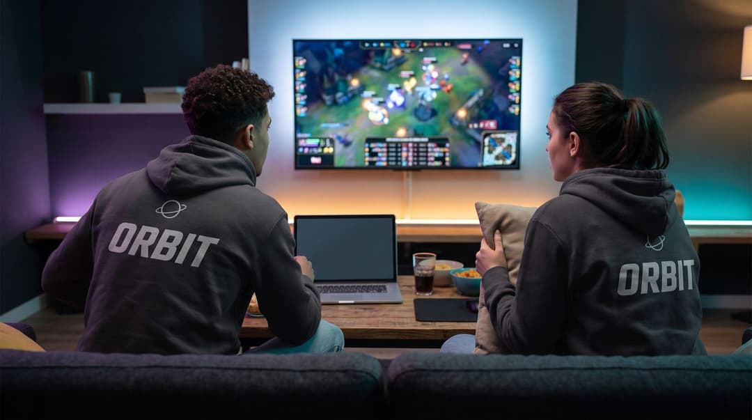 Two fans on a sofa in matching ORBIT team hoodies watch an esports match on the TV, one leaning in, the other clutching a cushion.
