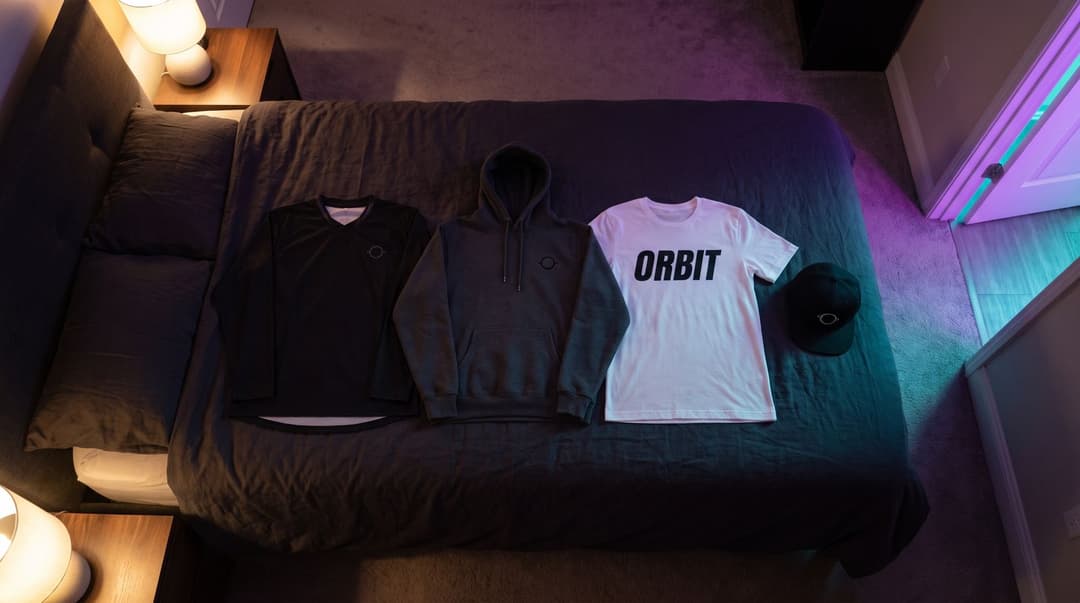 Four team merch items laid out on a bed: a black jersey and charcoal hoodie with a small ring emblem, a white ORBIT tee and a black cap.