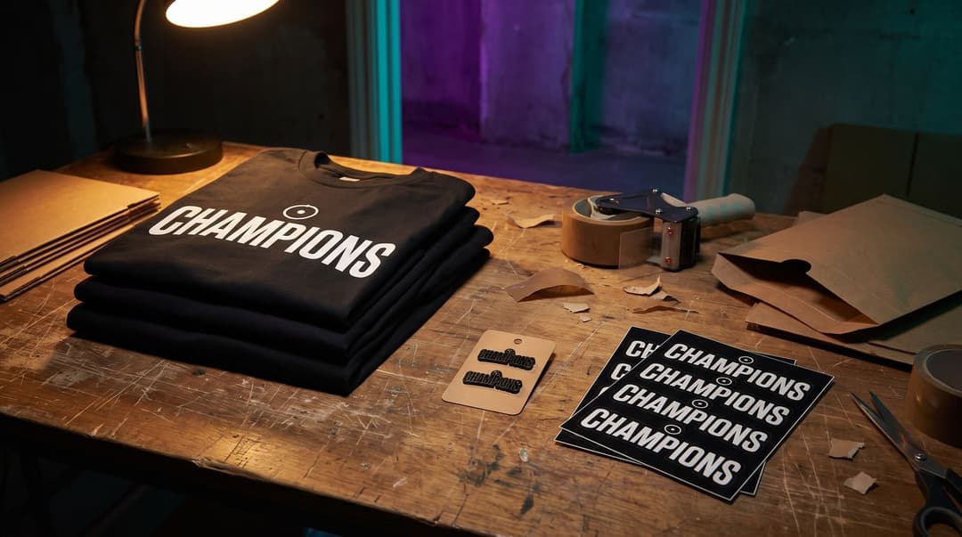 A small event drop on a packing table: three folded CHAMPIONS tees, a card of enamel pins and sheets of matching stickers beside mailers and a tape gun.