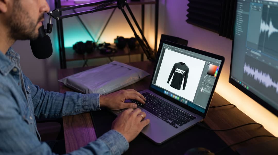 Over a creator's shoulder at the streaming desk: a laptop shows an ORBIT jersey mockup in a design tool, with a single unopened sample mailer beside it.