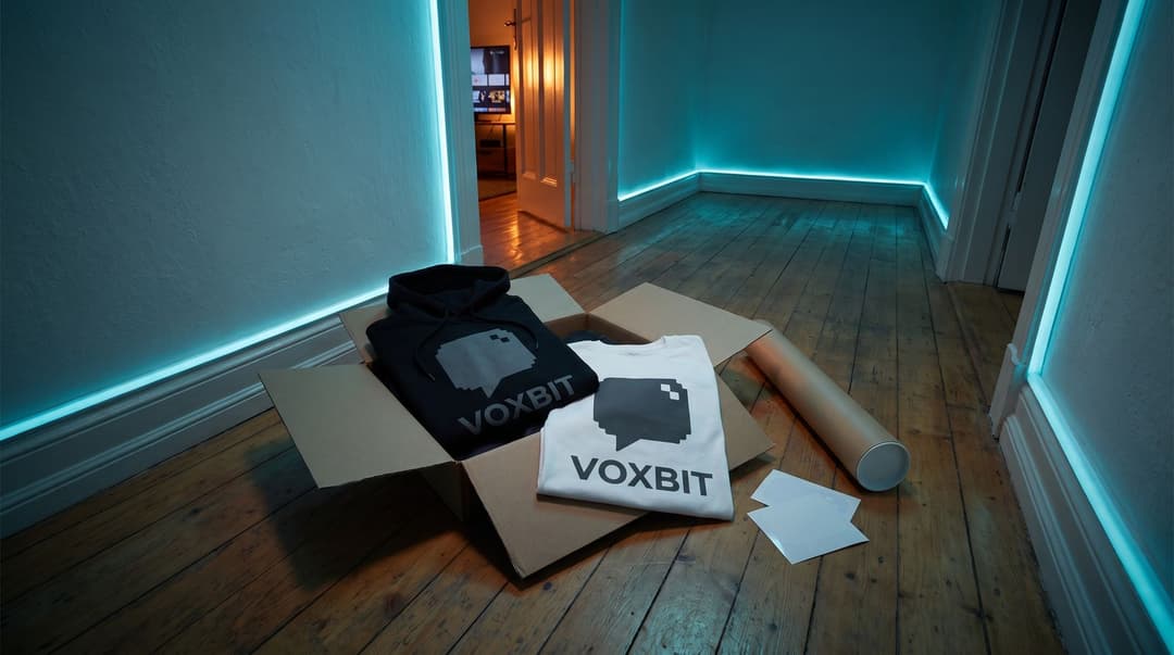 A partially opened courier parcel containing a branded VOXBIT hoodie and t-shirt sits on a dimly lit hallway floor, surrounded by blank merchandise samples.