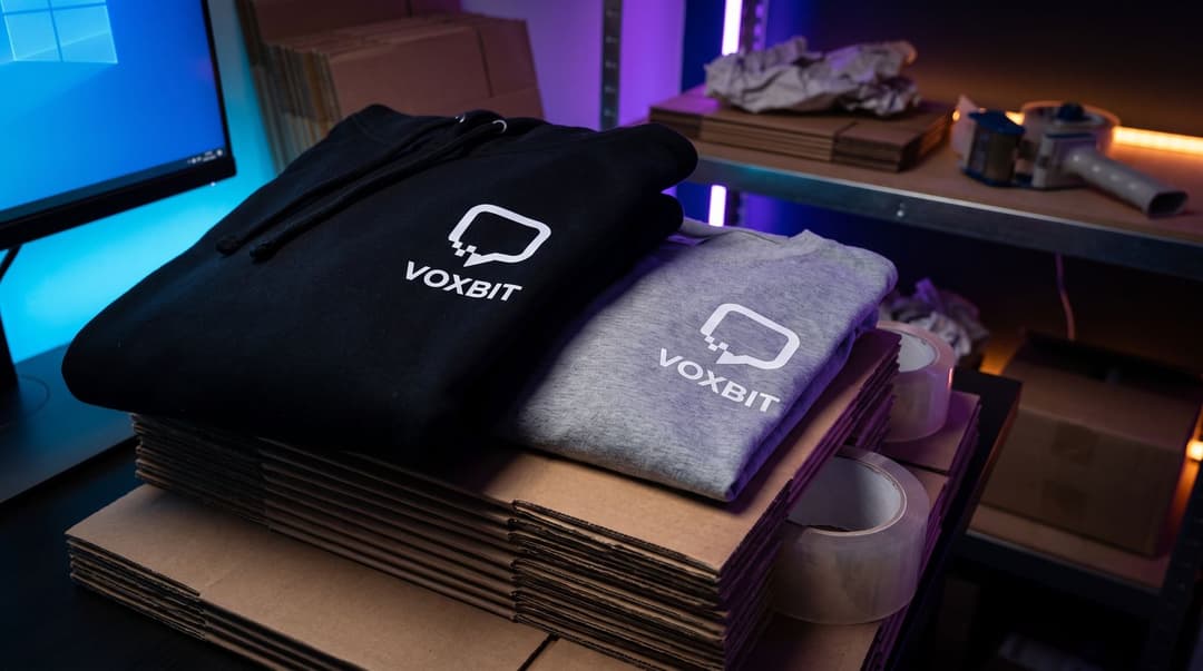 A stack of branded VOXBIT hoodies and t-shirts sits on a pile of cardboard mailers in a dimly lit, purple and amber-toned packing corner.