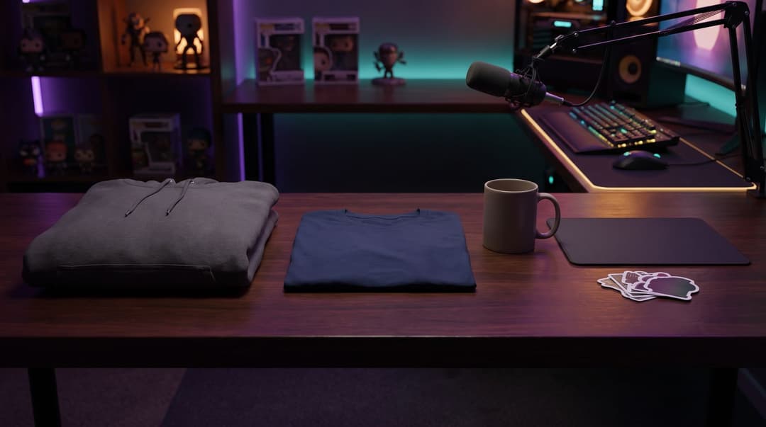 A collection of blank merchandise items including a hoodie, t-shirt, mug, mousepad, and stickers arranged in a row on a desk in a dimly lit streaming room.