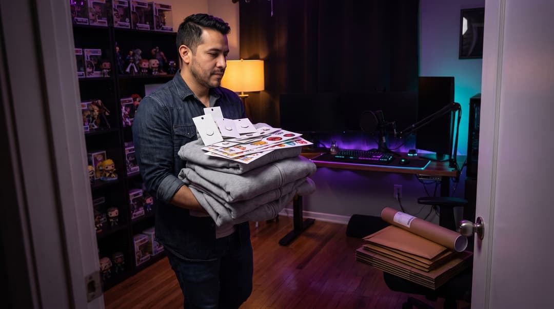 A man in a denim shirt carries a stack of unbranded hoodies and merch supplies into his dimly lit, purple and teal-accented streaming studio.