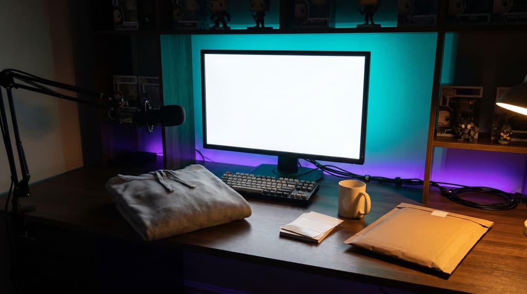 A dimly lit streaming desk setup featuring an assortment of blank merchandise samples including a hoodie, mug, and stickers arranged around a computer monitor displaying a store interface.
