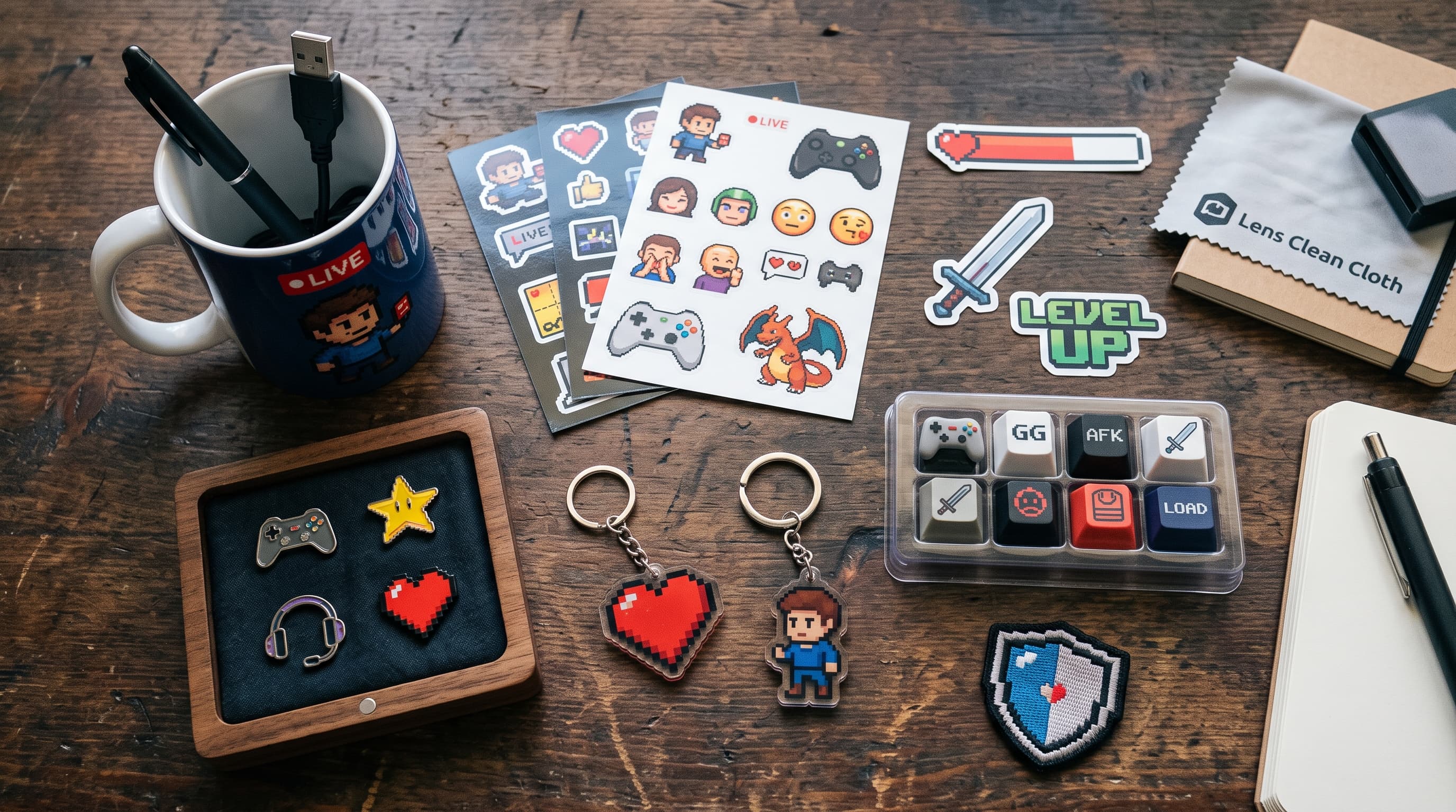 A flat lay of gamer-themed merchandise on a wooden table, including a 'Live' mug, pixel art sticker sheets, enamel pins, keychains, custom keycaps reading 'GG' and 'AFK,' a 'Level Up' sticker, and a shield-shaped patch.