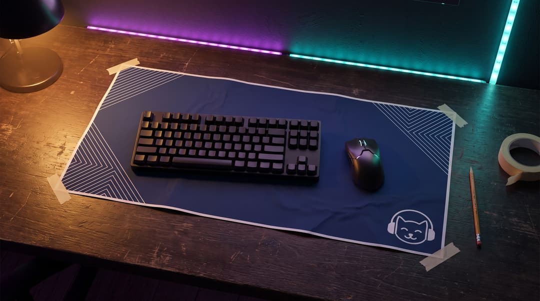 A paper test print of a navy desk mat design taped to a desk, a keyboard and mouse placed on top to show that only the corner patterns and the cat mark at the edge stay visible.
