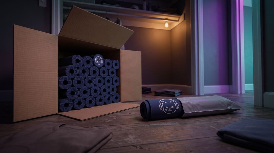 A closet floor with a large open carton packed with dozens of rolled navy desk mats next to a single rolled mat half out of one grey poly mailer.