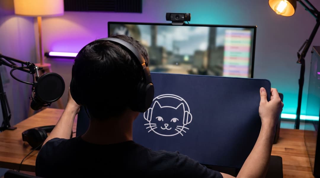 A streamer seen from behind at a desk, headset on, holding a navy desk mat with a cat-in-headphones mark up to the webcam, a blurred game and chat column on the monitor behind.