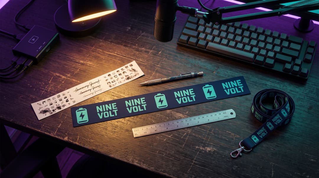 A printed lanyard proof strip on a desk under a lamp showing the Nine Volt battery mark and name repeated in a clean block in teal on navy, next to a rejected proof crowded with tiny doodles and a scratchy script, a pencil, a ruler and a coiled finished lanyard with a lobster-claw clip.