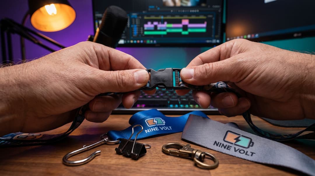 Hands pulling apart the black plastic breakaway clasp on a sample lanyard under a desk lamp, with a J-hook, a bulldog clip and a lobster claw laid out below beside blue and grey Nine Volt lanyard scraps, the streaming monitors glowing behind.