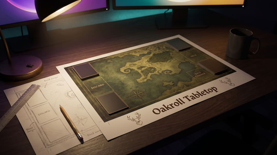 A printed proof of a playmat design on a desk under a lamp, with outlined deck, discard and dice-corner zones and plain cards placed in them, next to a pencil sketch of the same layout with the bleed margin marked and a ruler.