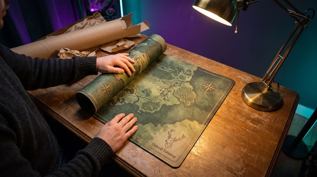 Hands unrolling a single just-delivered fantasy-map playmat on a wooden desk under a brass lamp, the torn-open cardboard tube and crumpled packing paper behind it.
