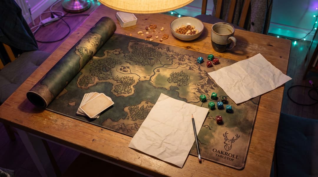 A fantasy-map playmat with an invented stag emblem spread across a kitchen table under a lamp, a deck and dice on it, two blank sheets and a pencil, a bowl of pretzels and a mug beside it.